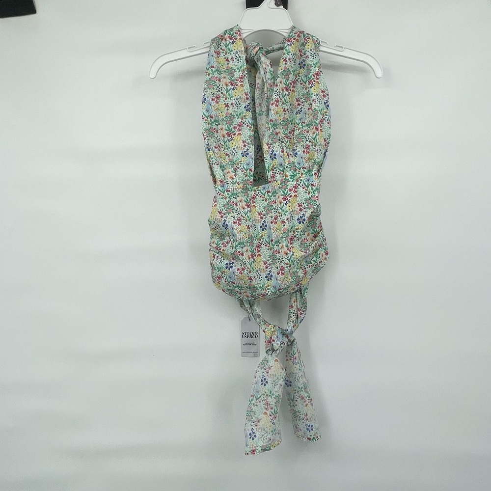 Vesper Co studio VSPRCO NWT multicolor flower cotton halter tie top